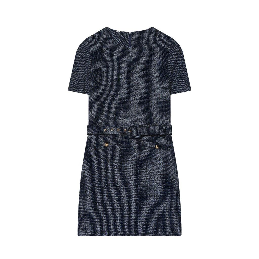 European and American autumn and winter new women's clothing temperament with belt short-sleeved tweed contrasting dress