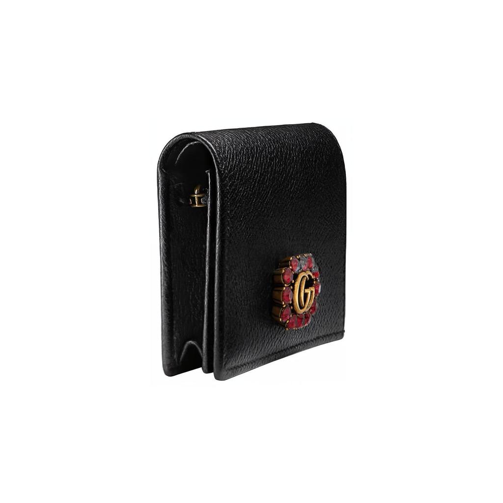 Gucci GG Marmont Distressed Double G Logo Red Rhinestone Edge Short Wallet Women wallet Black 499783-CWGHT-8230