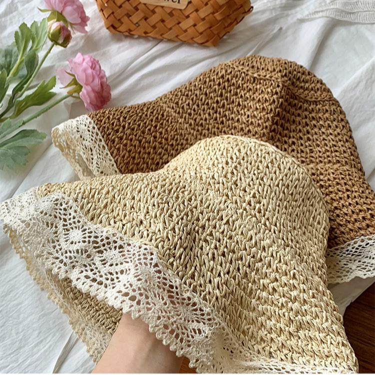 Elegant Ladies' Lace-Trimmed Straw Hat UV-Resistant Sun Protection | Stylish Beige Bucket Hat with Bow Detail for Beach Vacations