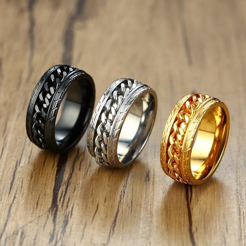Vnox 8mm Cooler Schwarzer Spinner Kettenring für Männer Reifen Textur Edelstahl Drehbar Glieder Punk Männlich Anel