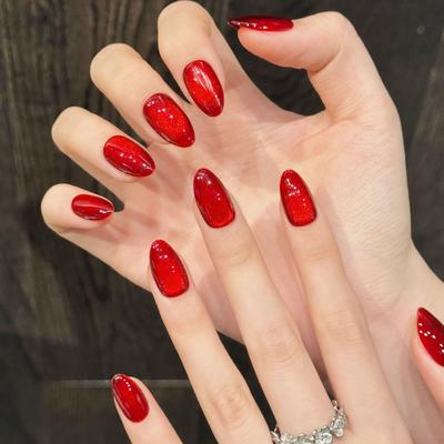 Glitter Press On Nails Short Almond Gel Glue On Cat Eye Nail Neutral Short Stiletto Fake Nails Acrylic Oval False Nails Manicure Kits for Women