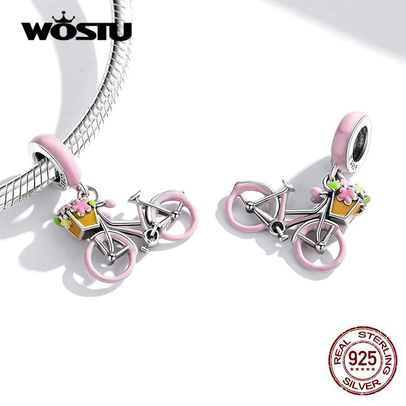 WOSTU Colorful Car Charm 925 Sterling Silver Pumpkin Car Bead Bicycle Zirconia Enamel Pendant Fit Original Bracelet DIY Jewelry