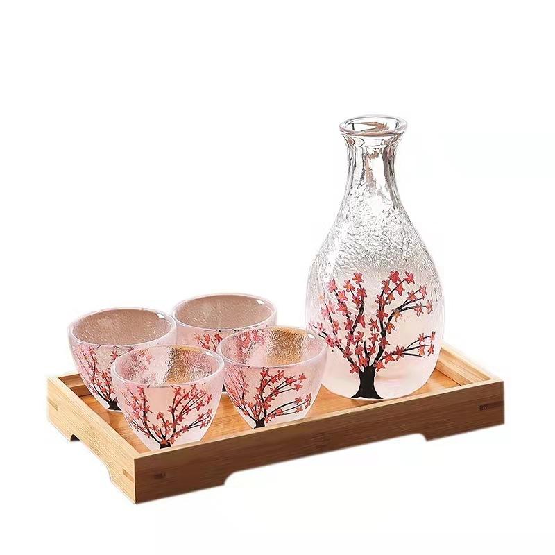 Japanese Retro Sake Set Hand Painted Plum Blossom Glass Sake Bottle Cups Warmer