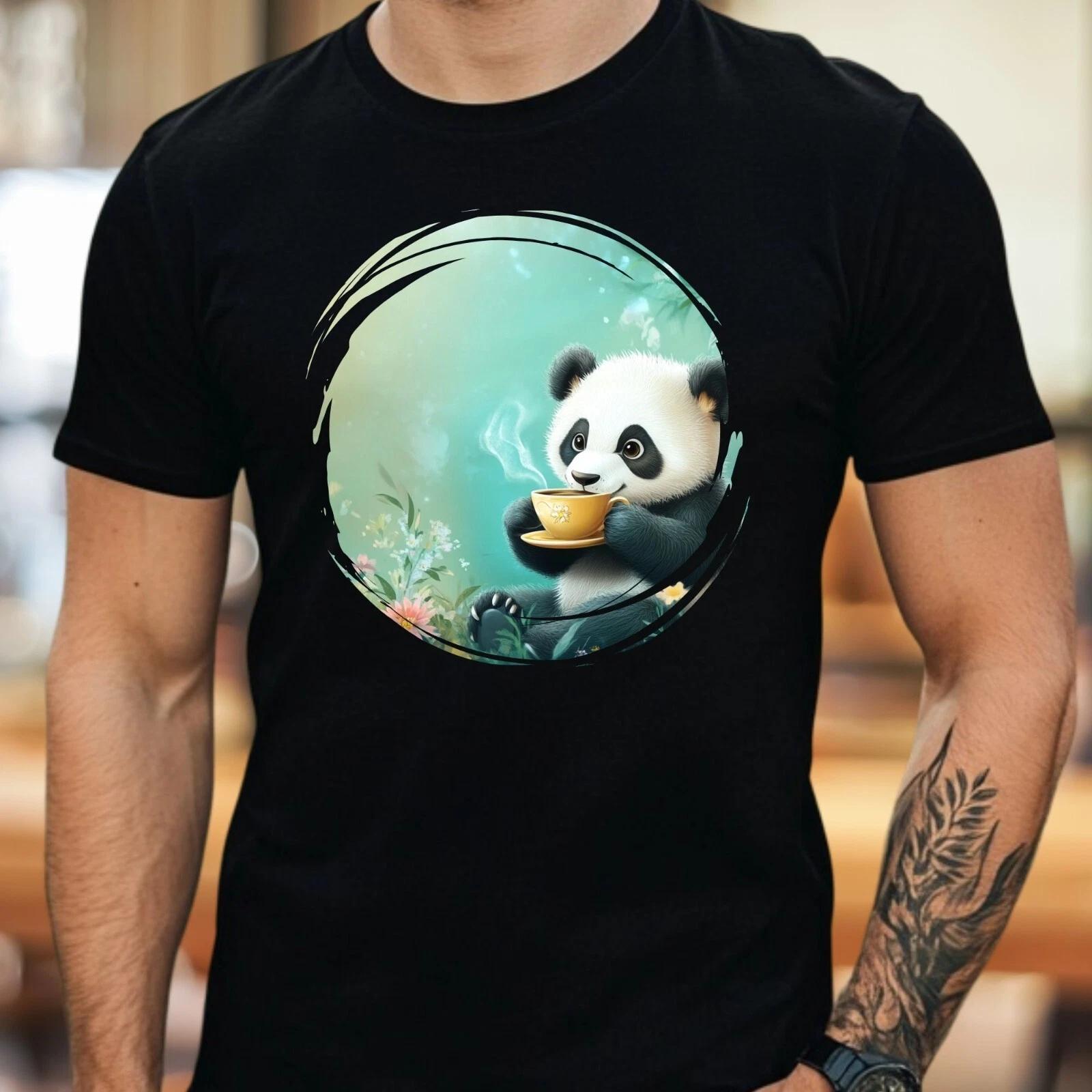 T-Shirt Herren Panda trinkt Kaffee Motiv Baumwolle Größe S bis 5XL L