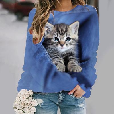 Moletom de gato fofo, macio e confortável, manga comprida, gola redonda, design para uso casual - perfeito para mulheres e meninas