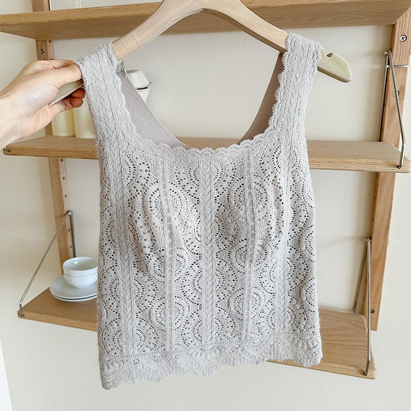 French lace autumn and winter sling vest with no bra inside, one-piece warm and thin bottoming top