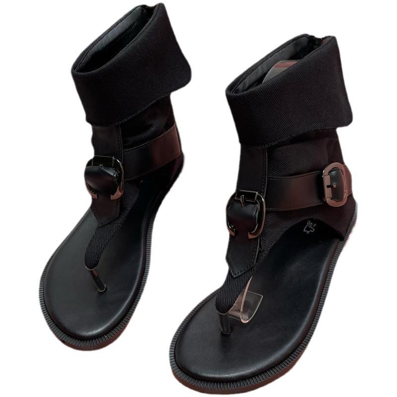 Vintage Roman Shoes Women's Flat Bottom 2025 Summer New Blue Denim Buckle Toe Soft Sole Versatile Sandals Women's Shoes