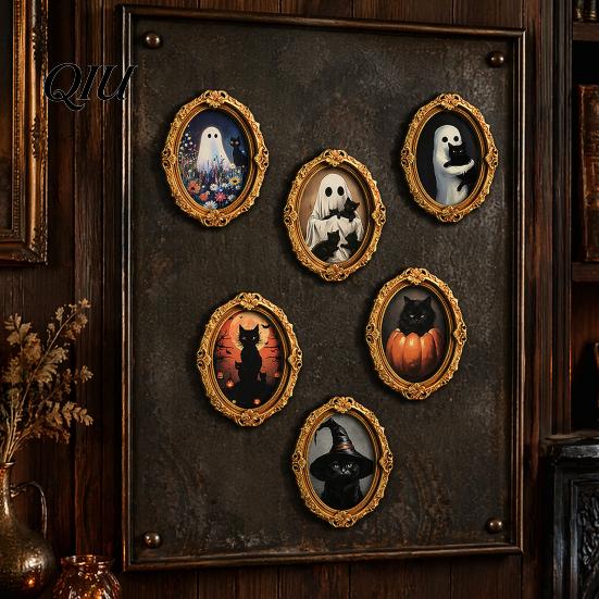 3D Refrigerator Magnet 1/6Pcs Halloween Retro Frame Magnet, Wooden Fridge Holiday Party Supplies Decoration, Memo Note Holder for Kitchen Decorations