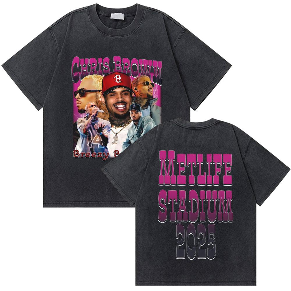Washed Rapper Chris Brown Breezy Bowl XX World Tour Tshirts Men Women Hip Hop Retro Tshirt Mens Fashion Trend Streetwear