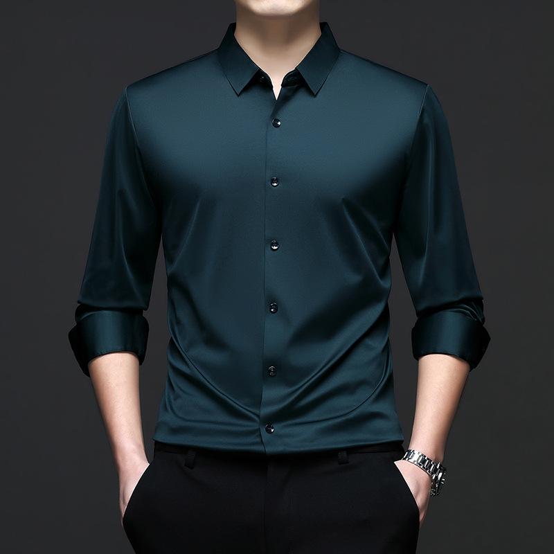 Mens Casual Long Sleeve Seamless Solid Turn Down Collar Regular Fit Shirt