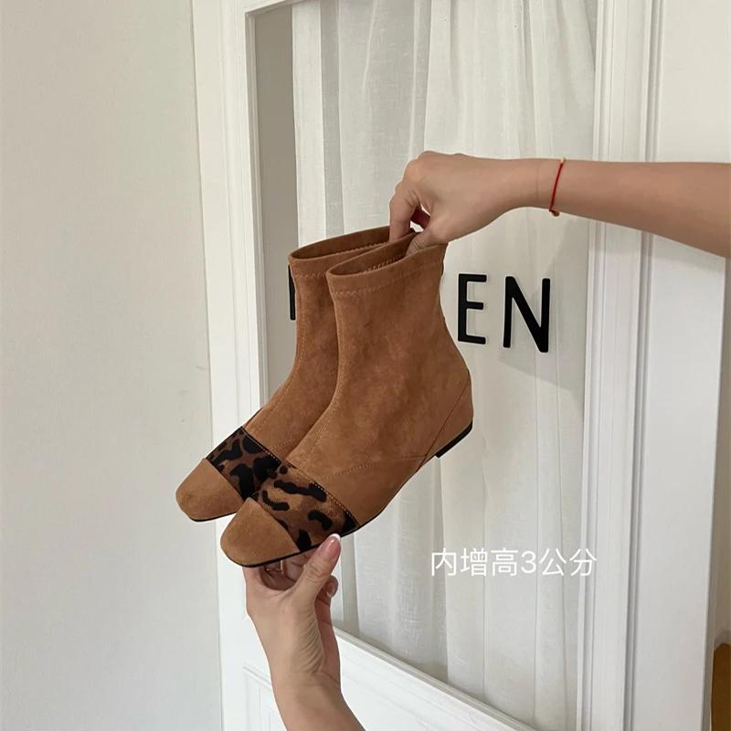Designer Leopard Print Women Sock Boots Fashion Pointed Toe Short Booties Elegant Thick Heels Botas De Mujer