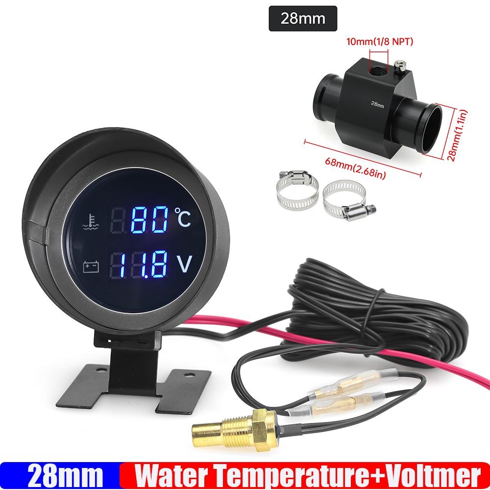 Car Water Temperature Gauge -10-110 Celsius With Water Temp Joint Pipe Sensor 28MM 34MM Adapter 1/8NPT Sensor Voltmeter 2 IN 1