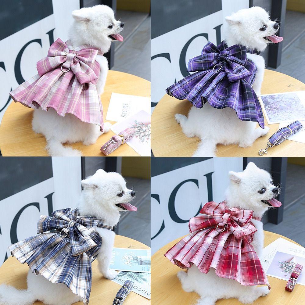 With Traction Rope Dog Dress Set Adjustable JK Plaid Skirt Cute Pet Clothes  Pet Supplies