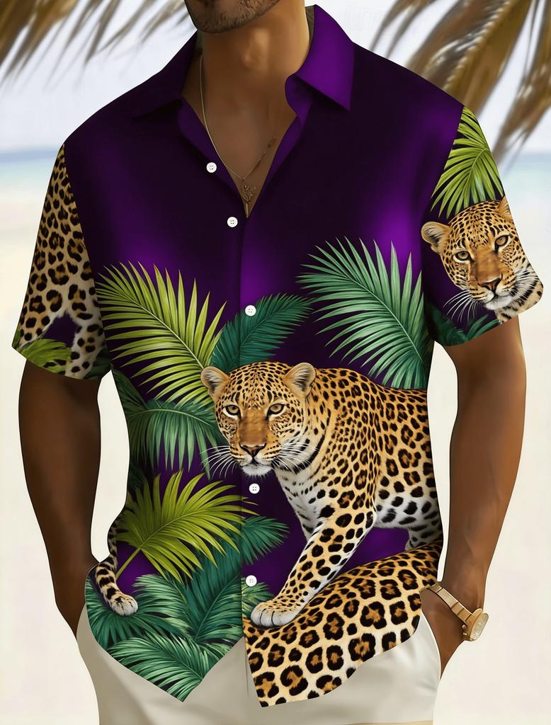 Men's Spring Summer Casual Shirt, Wild Leopard & Palm Leaf Print Short Sleeve Shirt, Hawaiian Style for Beach and Daily Wear