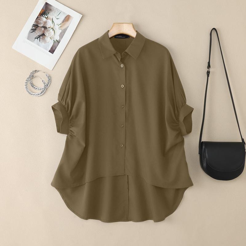 ZANZEA Women Casual Turn Down Collar Loose Half Sleeve Irregular Blouse