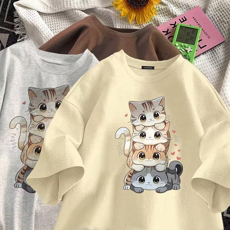 Unisex Summer Japanese Style Cat Print Loose Short Sleeve Tee