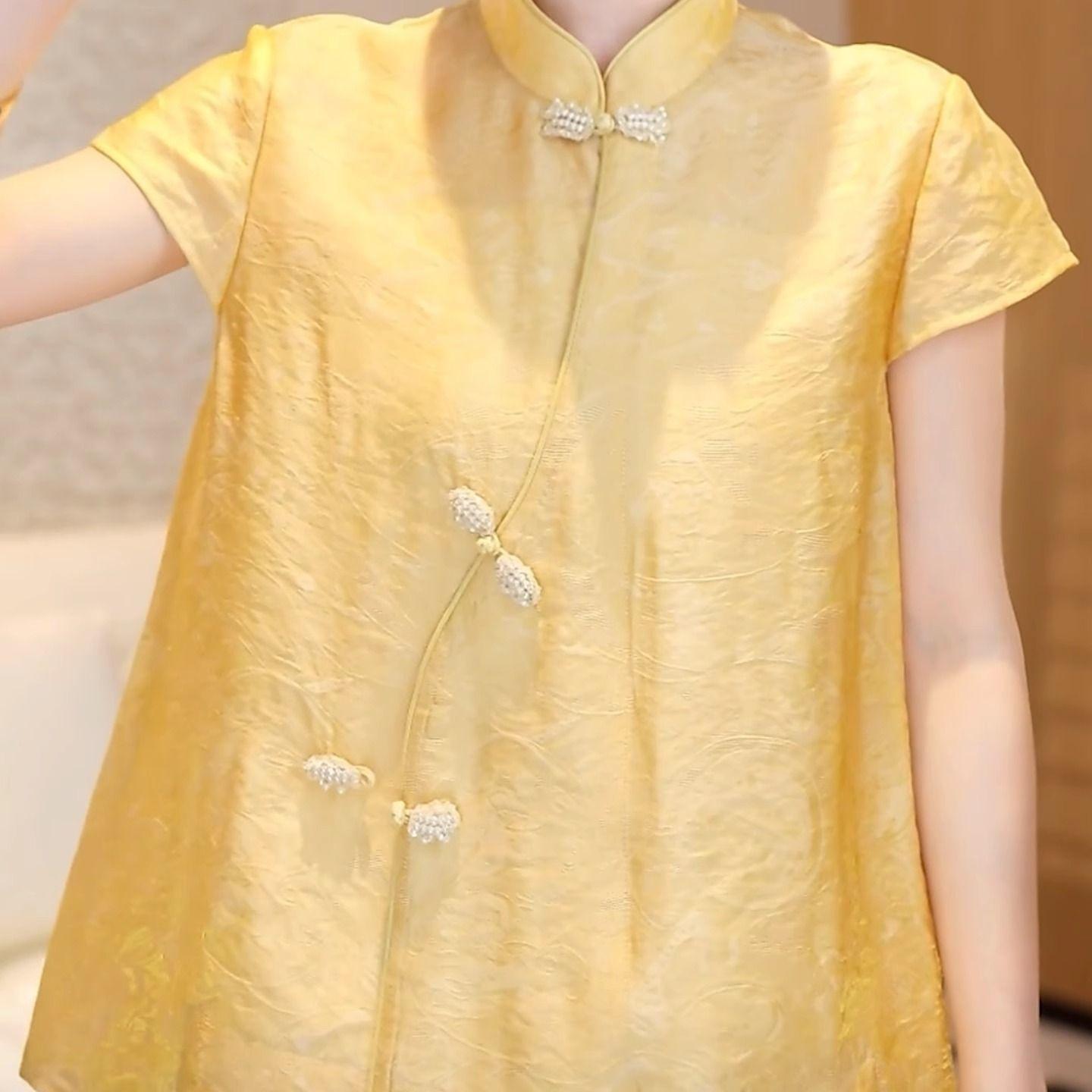 

Short-sleeved shirt women s 2025 summer new loose stand-up collar shirt irregular beautiful shirt tide M [Recommended below 50kg] жёлтый