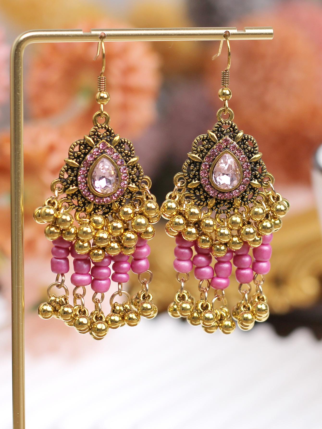 European Bohemian Rhinestone Water Drop Necklace & Tassel Earrings Set