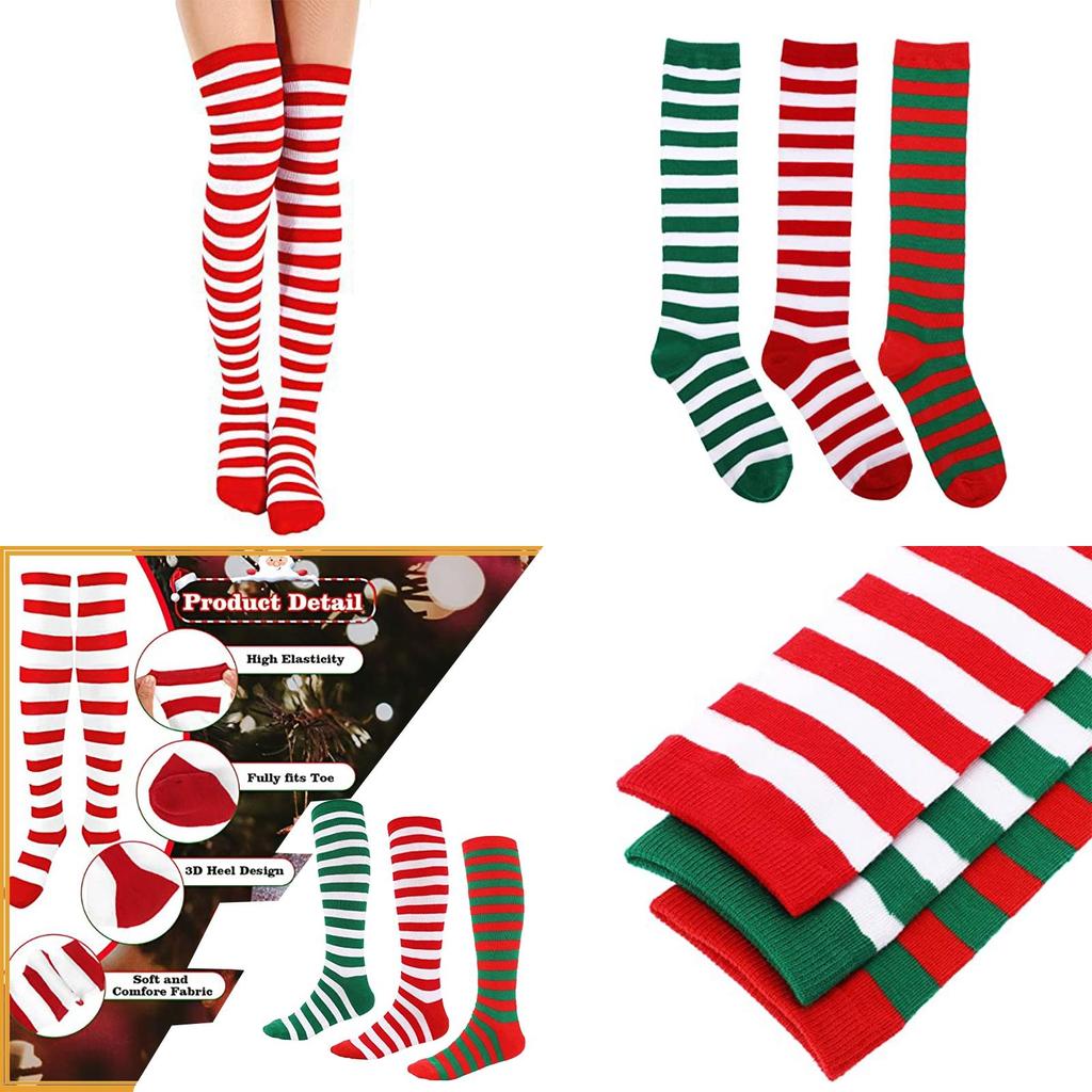 Christmas Elf Long Striped Thigh Stocking For Kids Adults