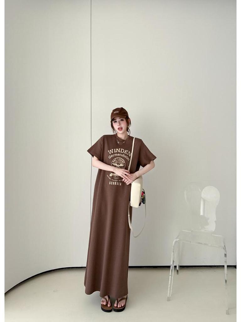 2026 Summer Fashion Women's Loose Short Sleeve Printed T-Shirt Dress - Over the Knee