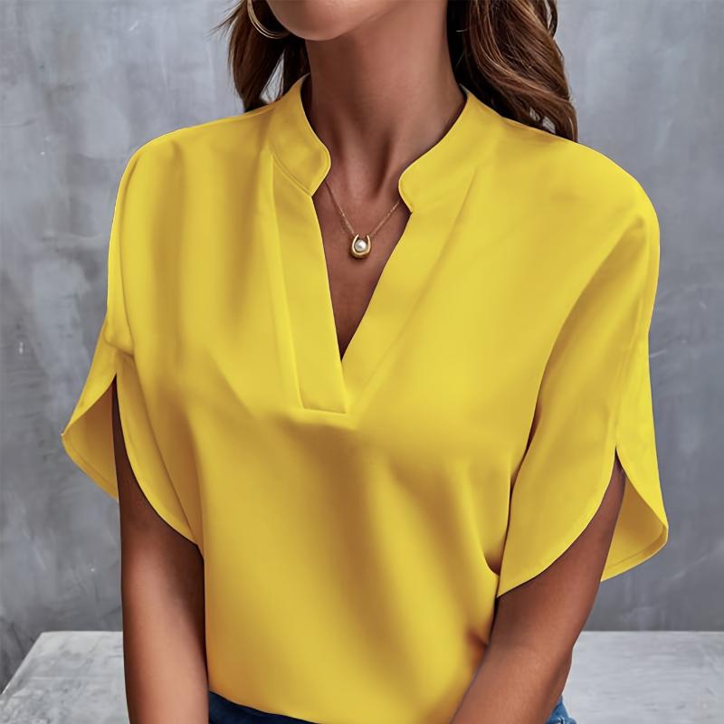 

Легкая однотонная блузка с вырезом в горловине, стильный короткий рукав с разрезом для весны и лета, модный женский повседневный топ XL жёлтый