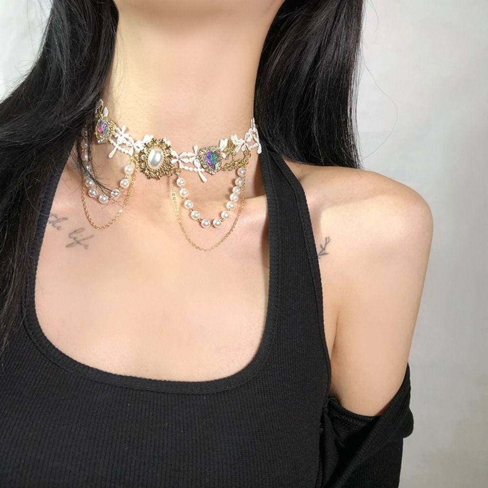 Vintage Lace Pearl Choker Shiny Lolita Choker Necklace Adjustable Rhinestone Tassel Necklace Party
