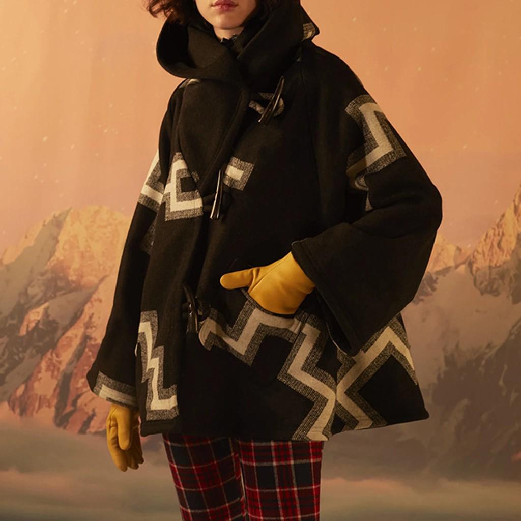 Women Casual Horn Buckle Retro Print Long Sleeve Hooded Jacket Pocket  Coats