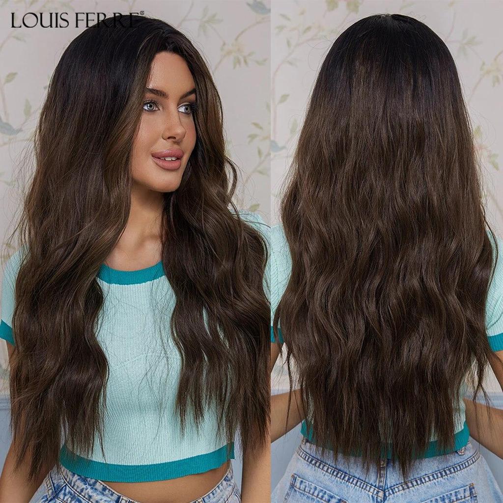 LOUIS FERRE Long Wavy Blonde Synthetic Wigs for Women 26in Light Golden Natural Hair Hairline Hand-Tied Hairline Lace Front Wig