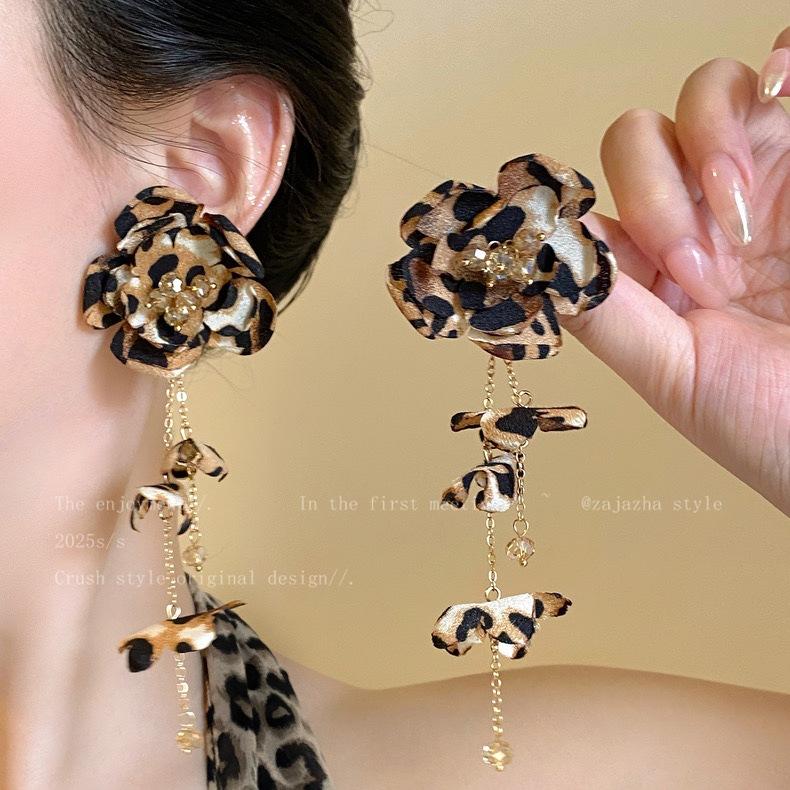 European and American retro fabric flower fringed leopard print earrings earrings personalized temperament earrings women