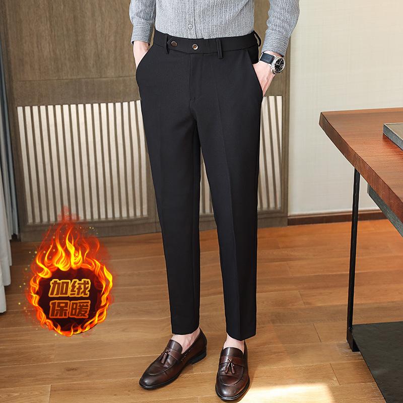 Light Luxury Winter Velvet Men's Casual Trousers Thickened Warm Men's Trousers Small Straight Light Business Men's Trousers