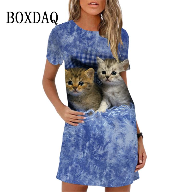 New Women Summer Beach Sundress Elegant Sweet Cute Cartoon Cat Print A-Line Dress Loose Casual Short Sleeve O-Neck Mini Dress