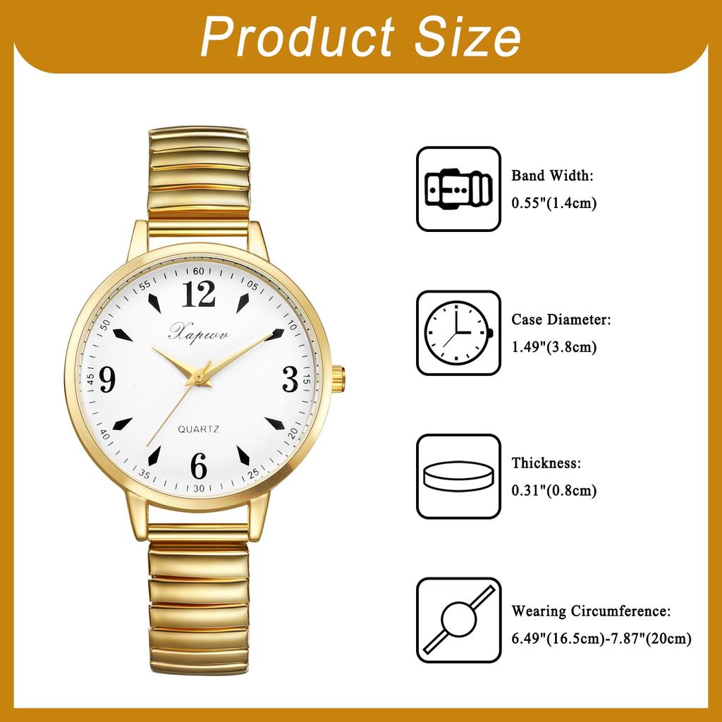 Women's waterproof and rainproof wristwatch with a round dial, large white dial, gold case, gold strap, and stainless steel quartz movement. A