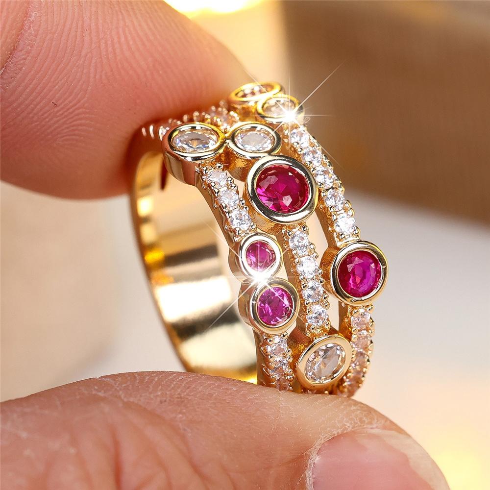 

Cute Female Rose Red Zircon Stone Gold Color Wedding Jewelry Promise Engagement Rings For Women 10