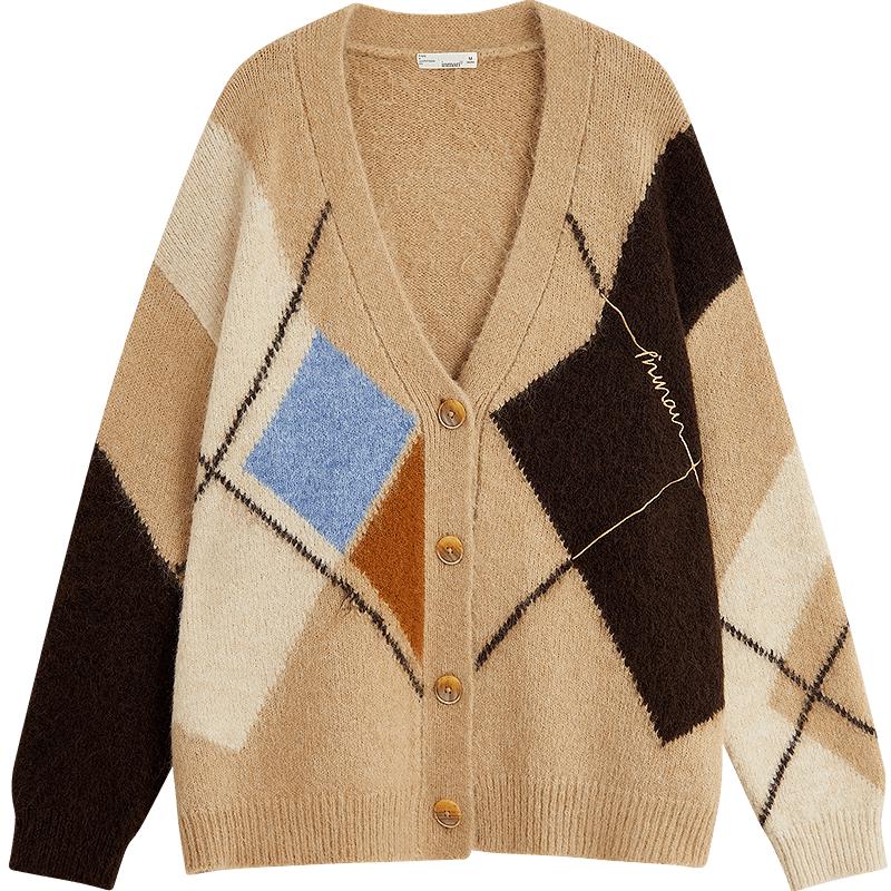 

INMAN 2025 Winter Women s Retro Argyle V-Neck Knit Cardigan M