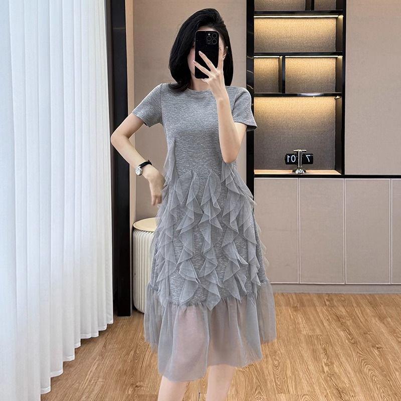 2026 Spring/Summer Plus Size Mesh Patchwork T-shirt Dress, Gray, Short Sleeve, Regular Shoulder Style for Women