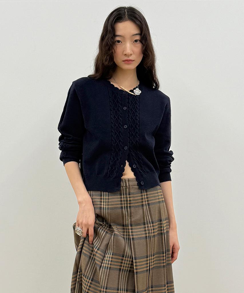 SINOON Mixed Cable Scallop Knit Cardigan (Navy)