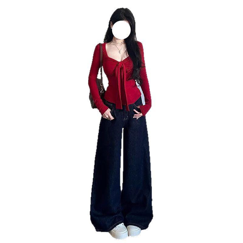 Women's Dark Blue High Waist Wide Leg Jeans - Retro, Slimming, Floor-Length