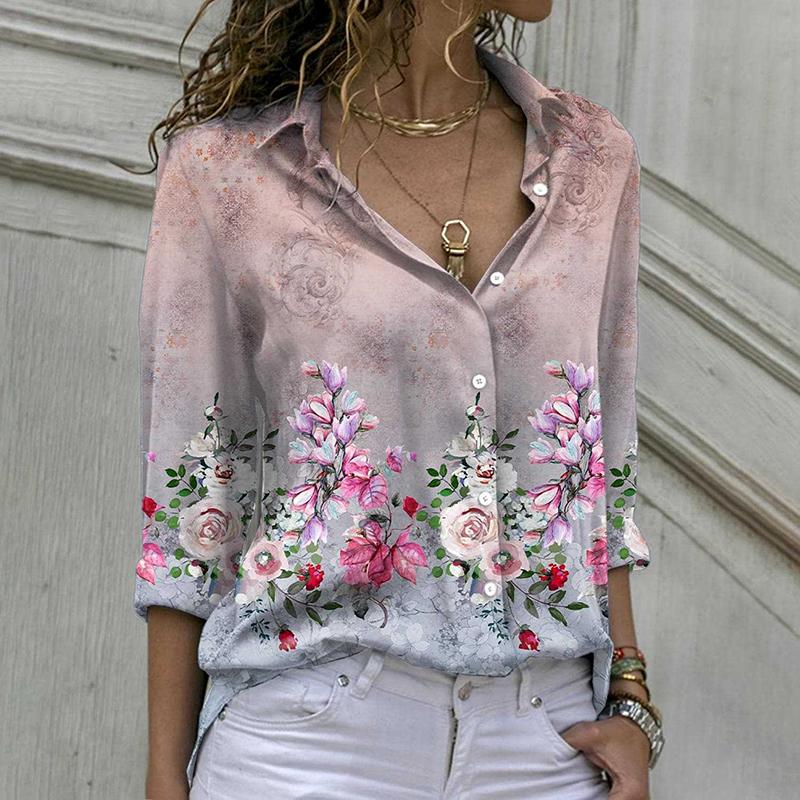 Gradient Color Button Women's Shirt Vintage Flower Chiffon Blouse Spring Loose Long Sleeve Tops for Women