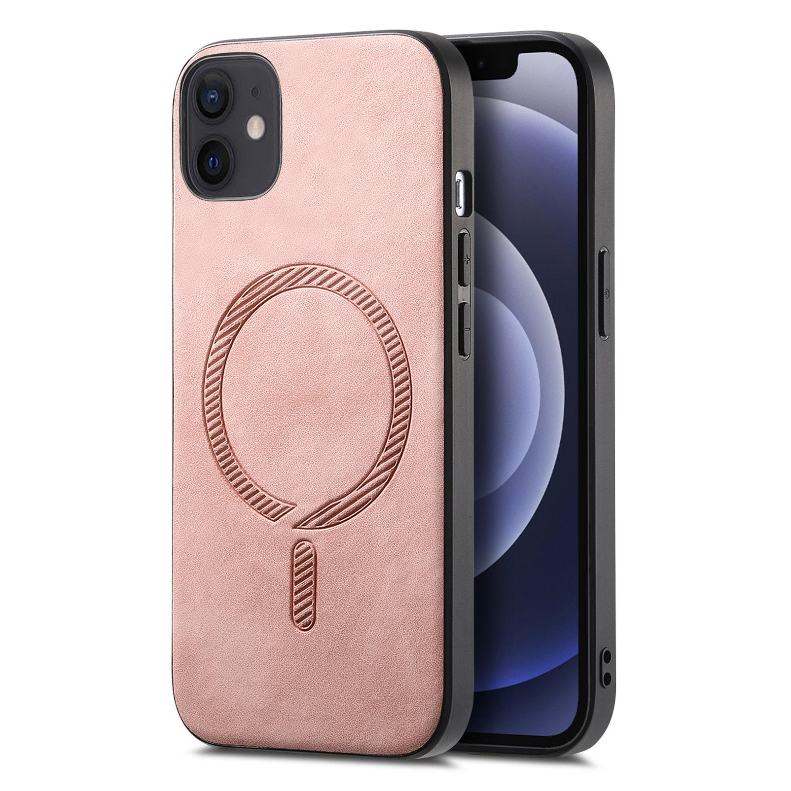 

For iPhone 12 6.1 inch Leather Back Case Compatible with MagSafe Skin-touch Phone Cover Pink