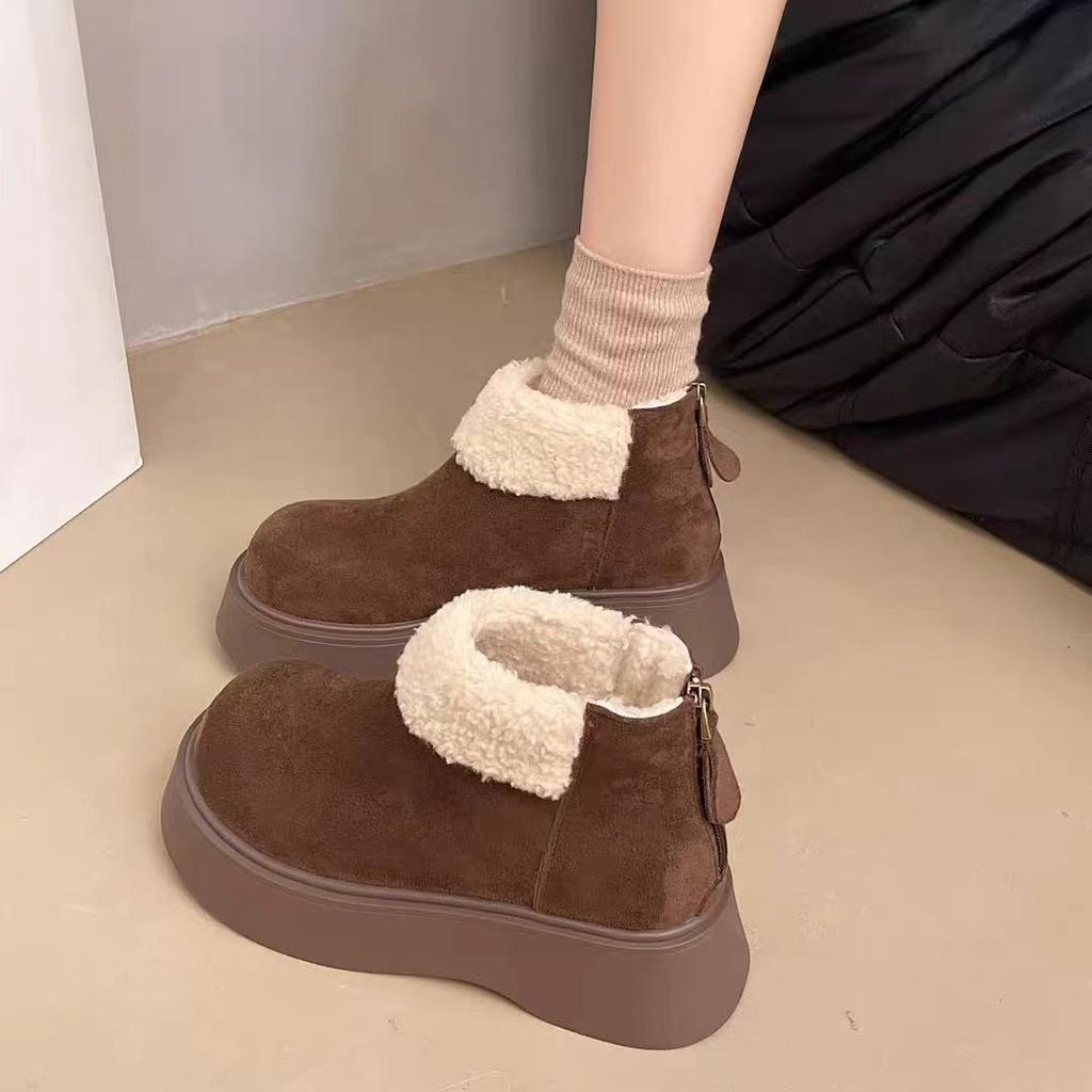 Thick-soled heightening snow boots women's 2025 winter new thin and versatile rear zipper small short boots warm cotton shoes