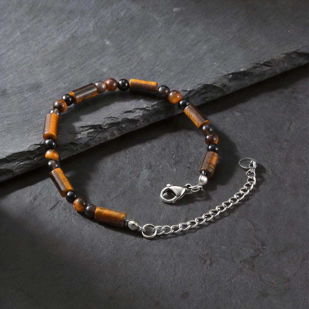 Vnox Stainless Steel Tiger Eye Black Onyx Beaded Bracelet Adjustable Chain Link Wristband for Men Women Fashion Jewelry Gift New