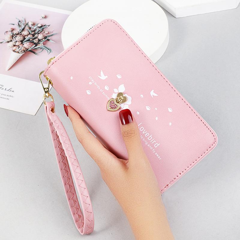 Long Wallet for Women, Large Capacity Student Phone Bag, Heart-shaped Printed Wrist Strap Handbag