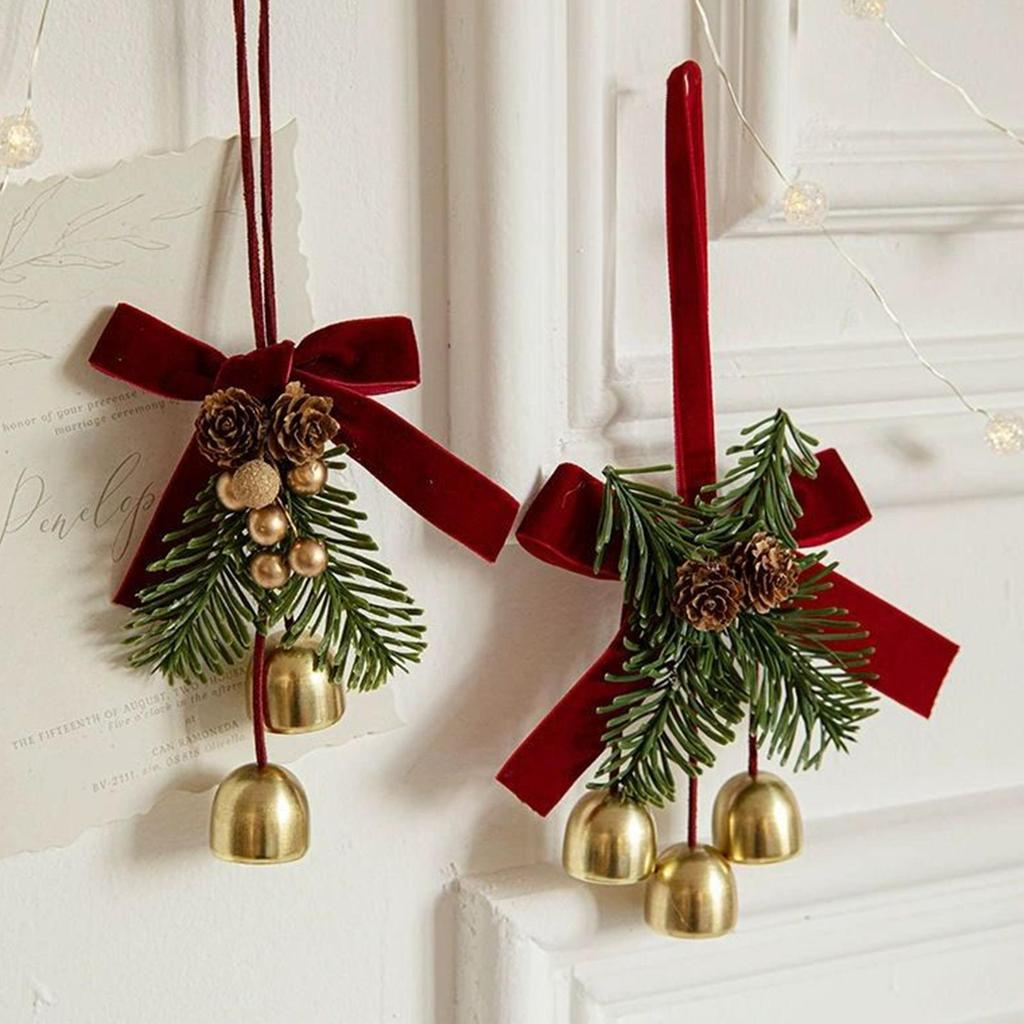 2pcs Christmas Bells Ornaments Christmas Bell Wreath Pendant Christmas Tree Jingle Bells With Bow For Window Staircase Door