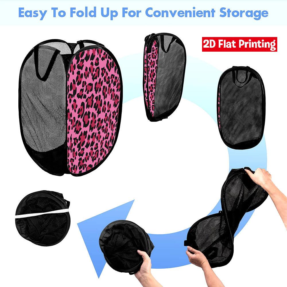 1Pcs Pink Leopard Print Pop-Up Laundry Hamper Expandable Mesh Hamper Basket for Room Bedroom Bathroom Organization Contemporary Storage