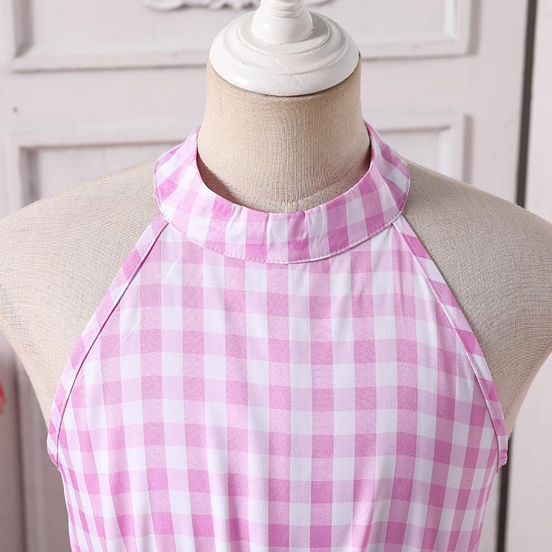 Vestito da bambina senza maniche a quadri rosa con scollo all'americana - Stile europeo e americano