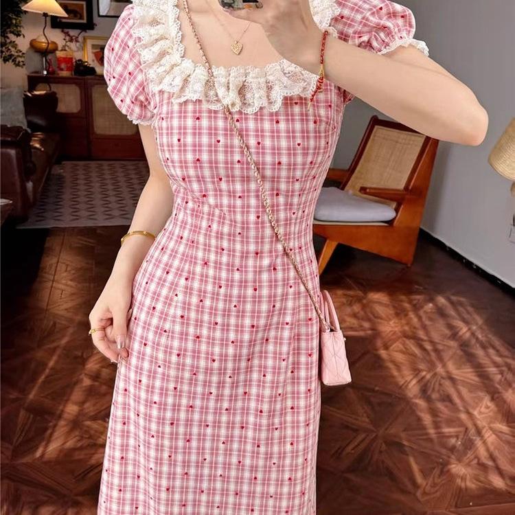 French red plaid dress women's summer new small man huge good-looking beautiful waist pinch dress