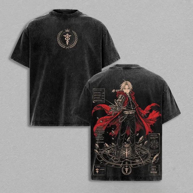 Hot Anime Fullmetal Alchemist Edward Elric Clothing Men Women Tshirts Washed Cotton Tee Retro Oversized T-shirt Harajuku T Shirt