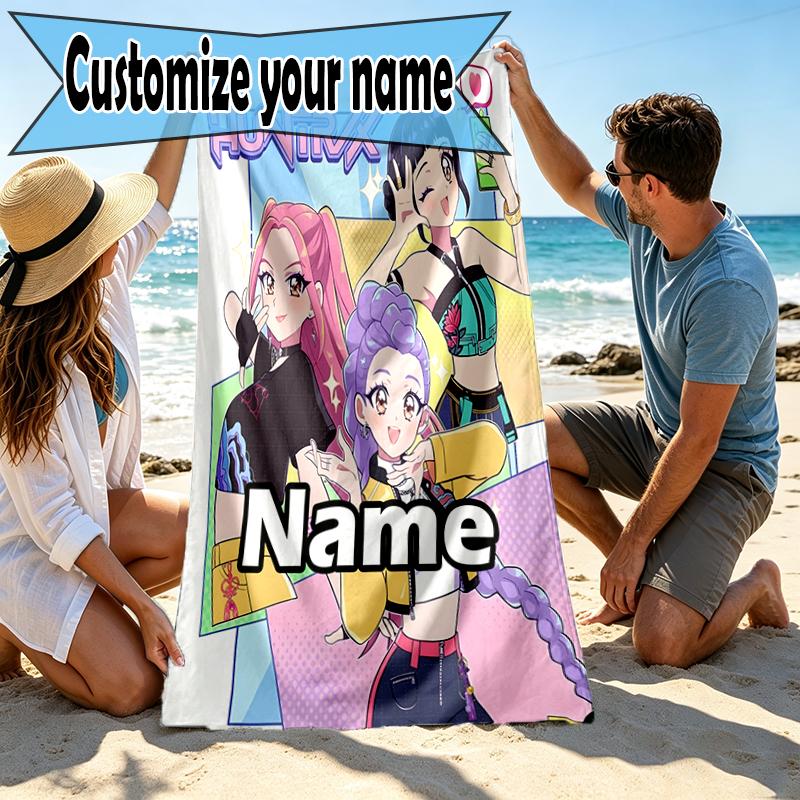 Custom Name Personalized KPop Demon Hunters Print Beach Towel, for Trip Camping Beach Party Home Decor, Birthday Gift for Family & Friends