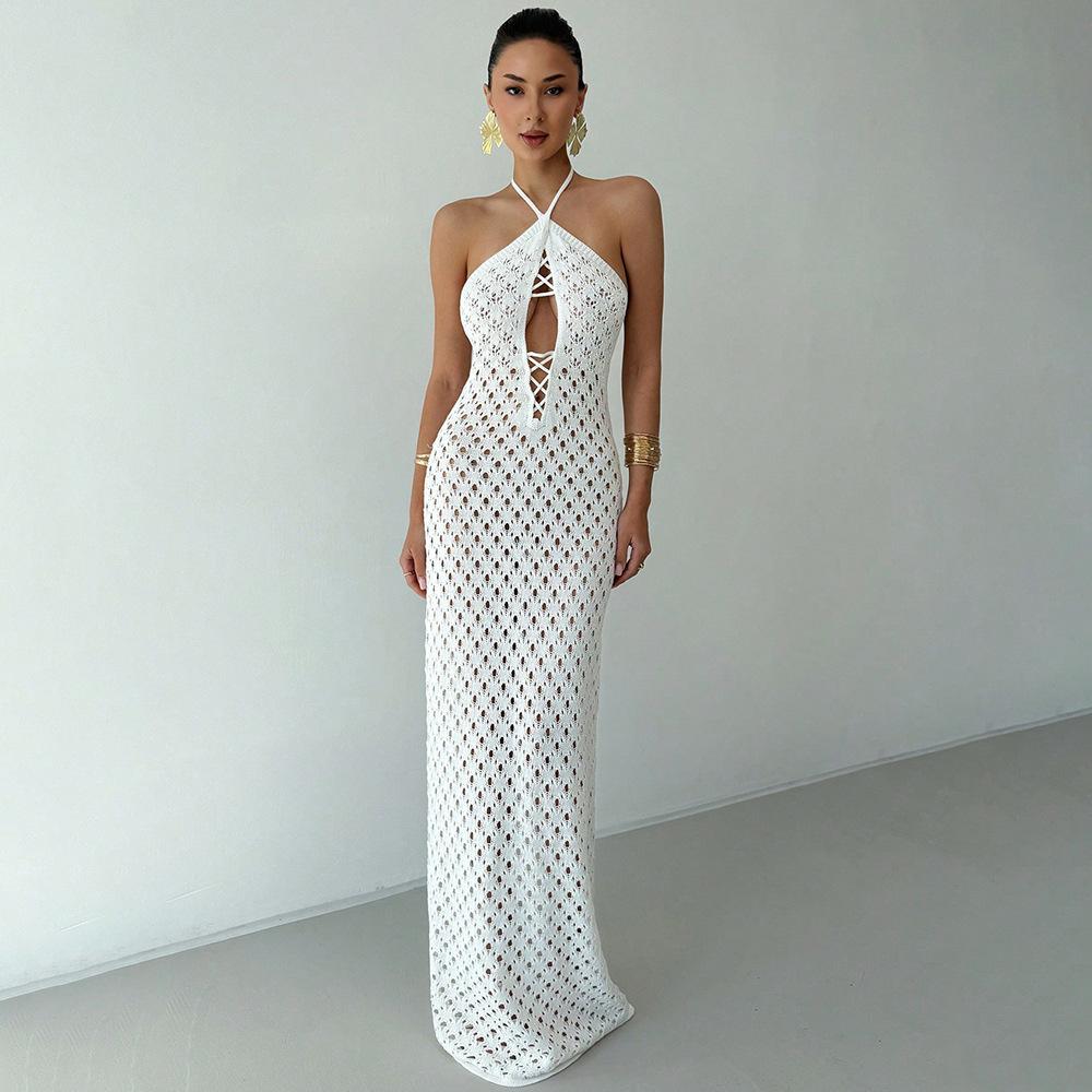 

Summer Sexy Hollow Knitted Beach Skirt Bikini Swimsuit Solid Color Dress Outfit for Women L білий
