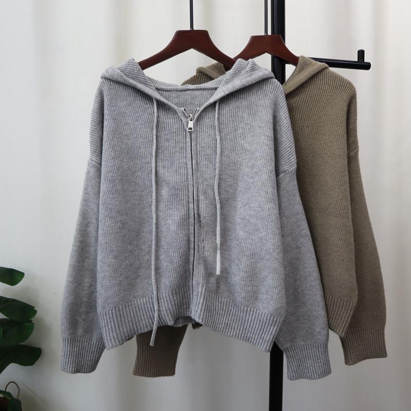 Double zipper hooded knitted cardigan autumn and winter new short design loose sweater jacket women